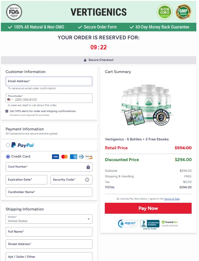 Vertigenics secure checkout page